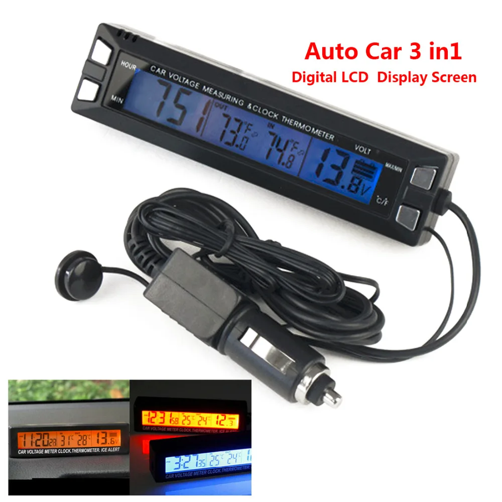 Skaitmeninis LCD Laikrodis Automobilio Termometras Baterijos Įtampa Stebėti 3 1. 12V/24V Auto Termometras Voltmeter Temperatūros Indikatorius