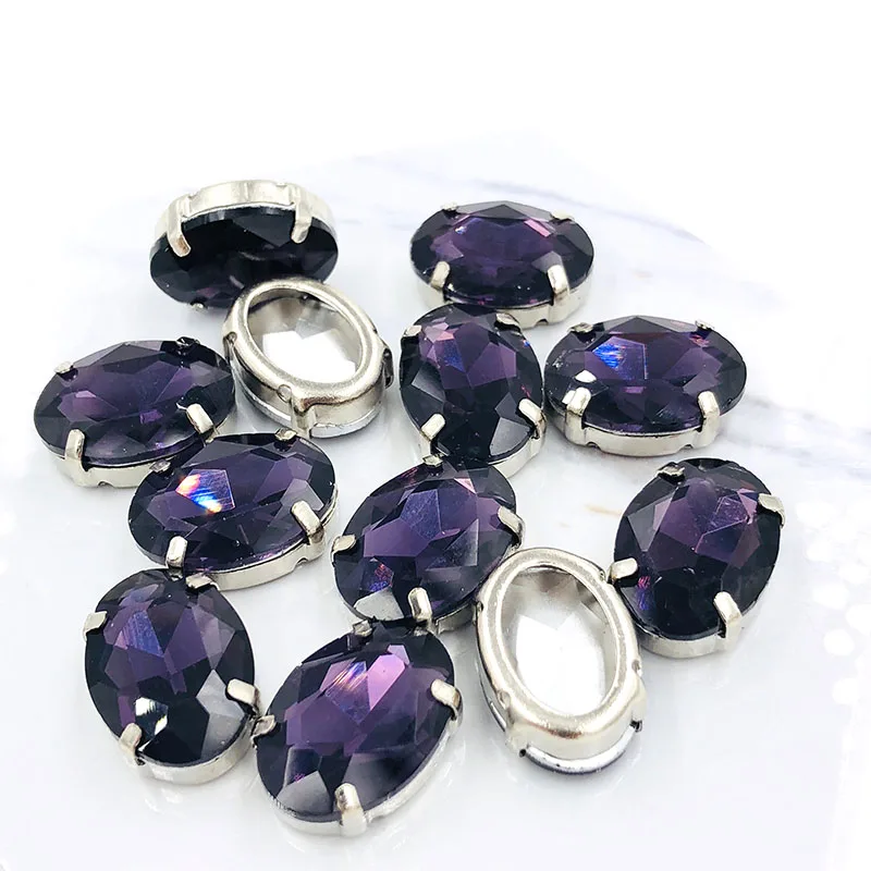 10X14mm/13X18mm Deep purple Ovalo formos Vario nagai tuščiaviduriai, stori apačioje aukštos kokybės stiklo kristalų Siūti strazdų 