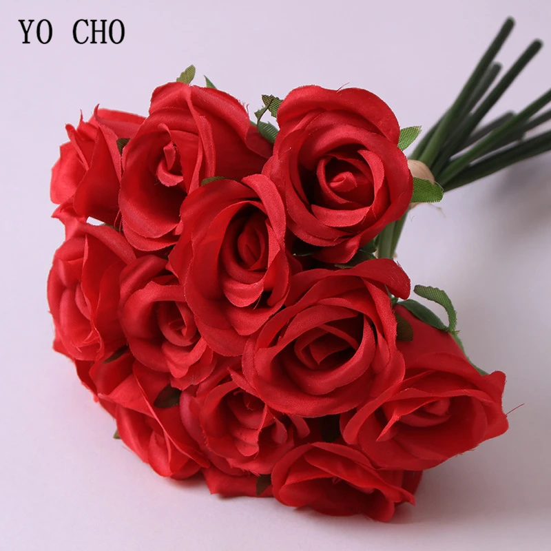 YO CHO Rožių Gėlių Puokštė Dirbtinio Šilko 12 Vadovai Rose Šampano Raudoną Nuotakos Vestuvių Puokštės Namų Šaliai Dekoro Vestuvių Reikmenys