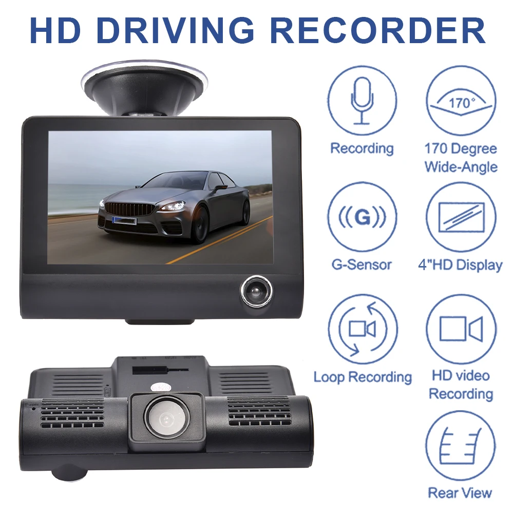 Automobilių DVR 3 Fotoaparatų Objektyvas 4.0 Colių Brūkšnys Kamera, Dvigubas Objektyvas Su galinio vaizdo Kamera Vaizdo įrašymo Auto Registrator skaitmeniniai vaizdo įrašymo įrenginiai Brūkšnys Cam