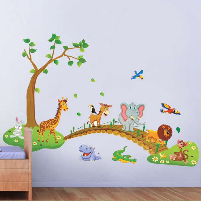 Džiunglių Gyvūnų Medis, Tiltas Sienų Lipdukai Vaikams vaikų Darželio Patalpos Dekoratyvinis Lipdukas Dailės Freskos Namų Dekoro