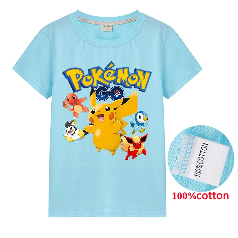 TAKARA TOMYpokemon Pikachu Medvilnės Vaikų Atspausdintas T-shirt Vaikų trumpomis Rankovėmis Apvalios Kaklo Anime Periferinių Šalis Suknelė