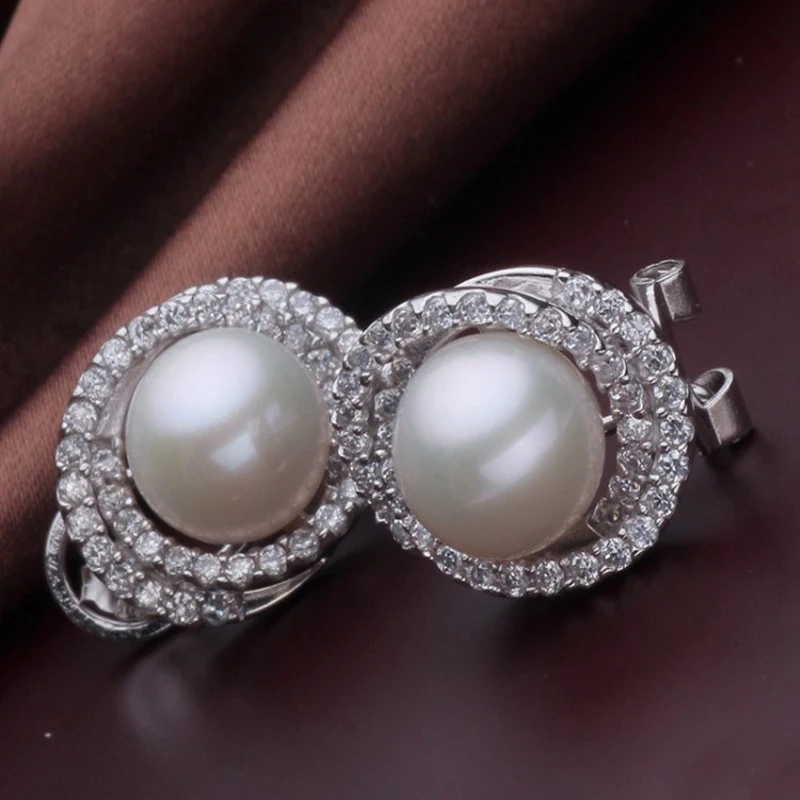 Gėlo vandens pearl Stud Auskarai Natūralių Perlų auskarai ,didelis perlų papuošalai moterims ,derliaus cirkonis 925 Sterlingas sidabro