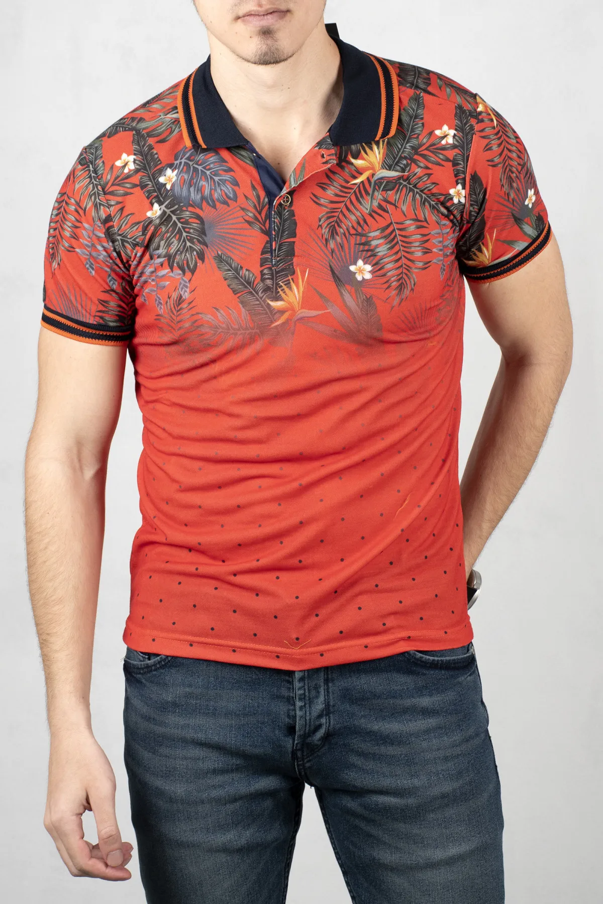 Giliavandenių Vyrų Raudonos Spalvos Polo Apykakle T-Shirt 100 Medvilnės Slim Fit Lycra Trumpas Rankovės Gėlių Modelio Atsitiktinis Šalis, Pavasarį, Vasarą 2000106