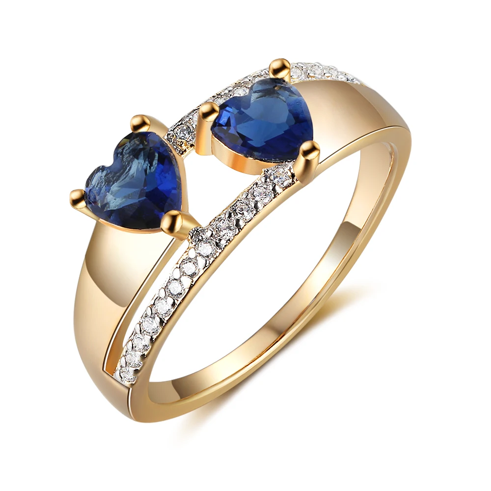 Mados Vario, Aukso spalvos Žiedai su Double Blue Širdies Kubinis Cirkonis Klasikinio Stiliaus Širdies Žiedai Moterims