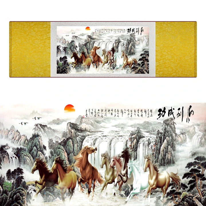 Aukščiausios kokybės Kinijos Arklių šilko tapybos Arklių meno tapybos Šilko pažymėkite meno tapybos aštuonių arklių tapyba
