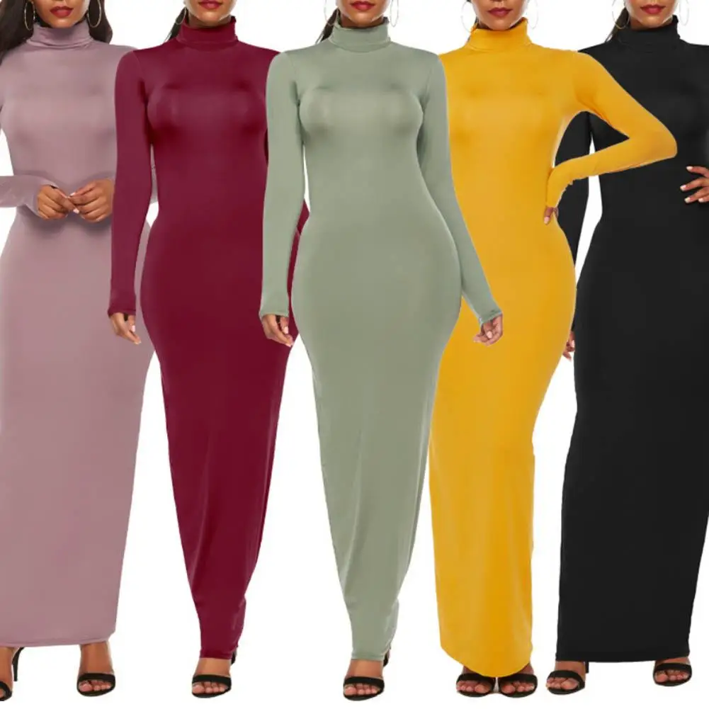 Atsitiktinis Moterų Vientisos Spalvos Ilgomis Rankovėmis Apykaklėmis Tampri Bodycon Ilga Suknelė Elegantiškas Plonas Bodycon Suknelė 2019
