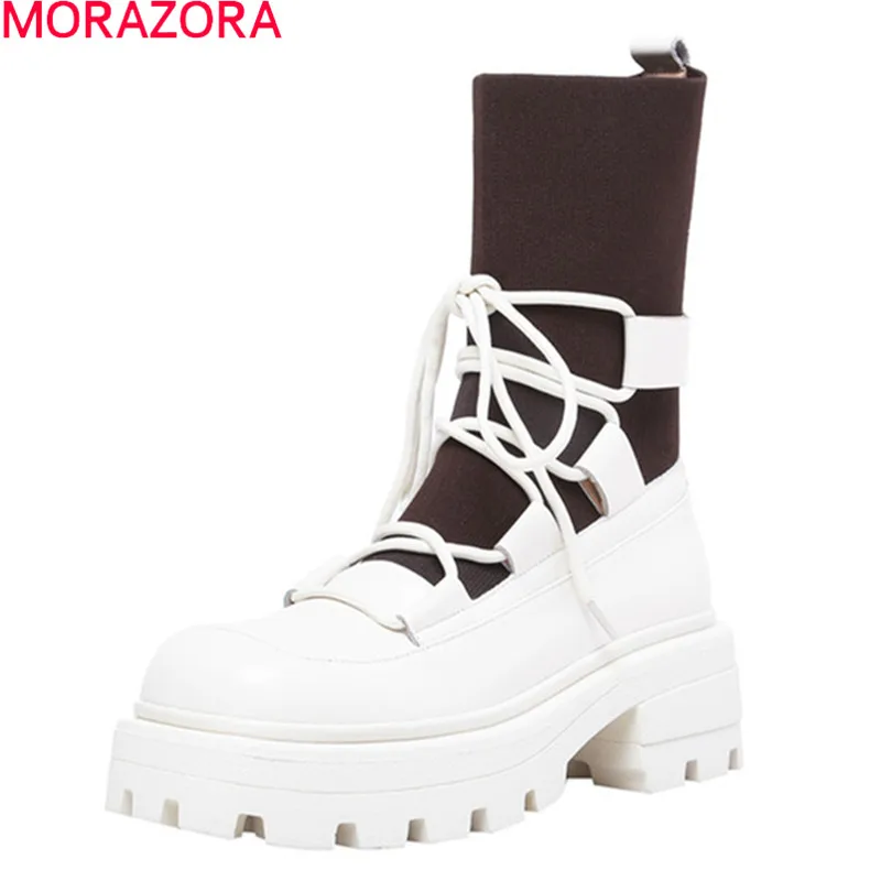 MORAZORA 2021 Naujų karšto pardavimo žieminiai batai natūralios odos batus storais kulnais aikštėje toe platforma batai moterims, ryžiai, balta