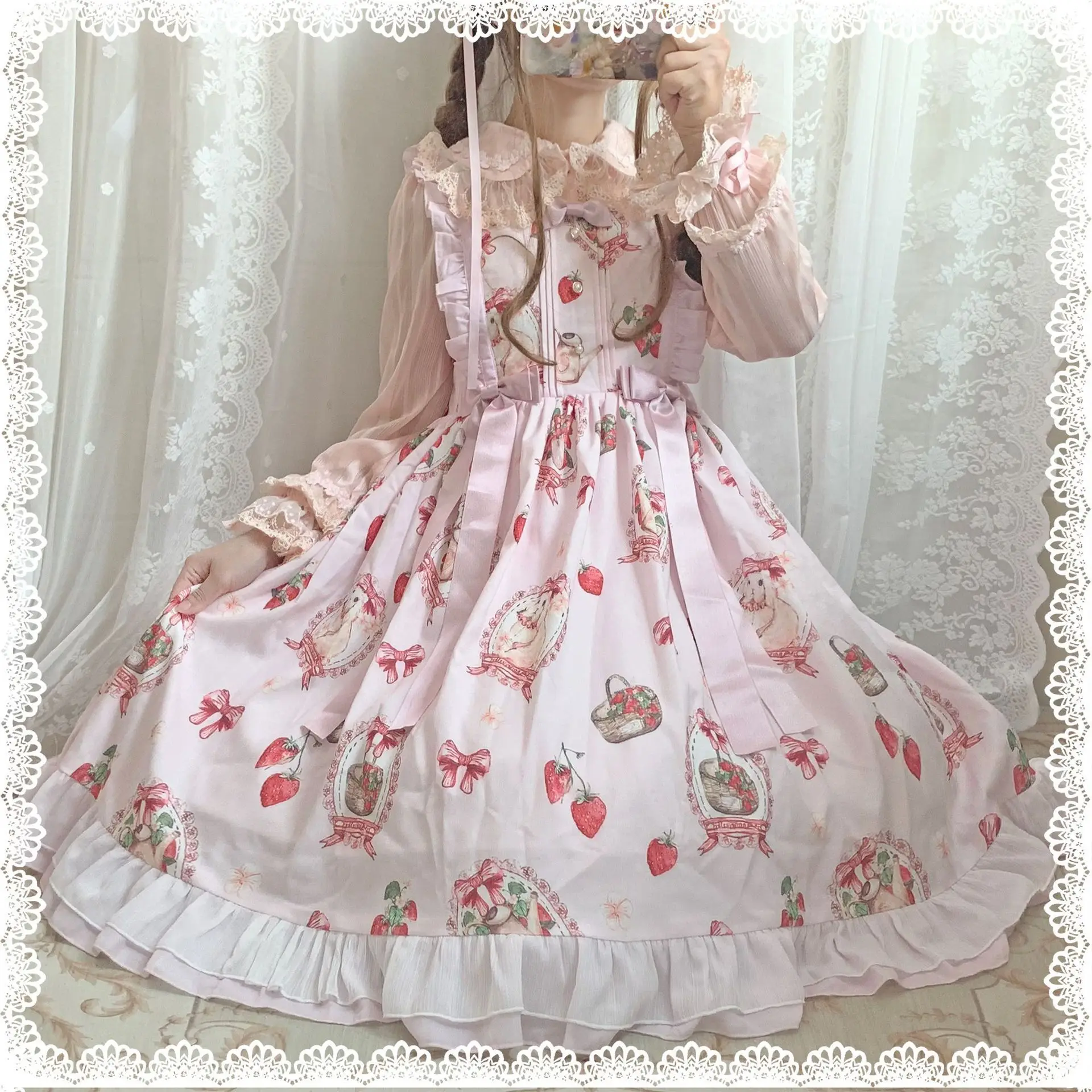 Saldus princesė lolita dress senovinių nėrinių bowknot mielas spausdinimo aukšto juosmens kawaii suknelė gothic lolita jsk kawaii girl loli cos