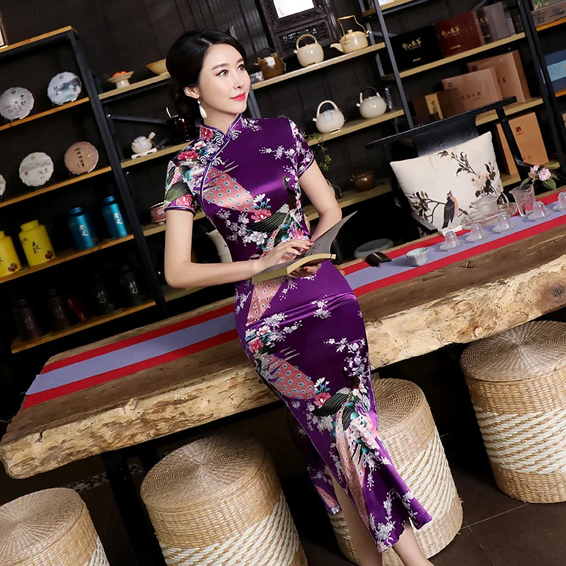 Violetinė Kinijos Moterų Ilga Suknelė Seksualus, Elegantiškas Qipao Cheongsam Derliaus Mandarinų Apykaklės Gėlių Povas Suknelė S M L XL XXL, 3XL 0157