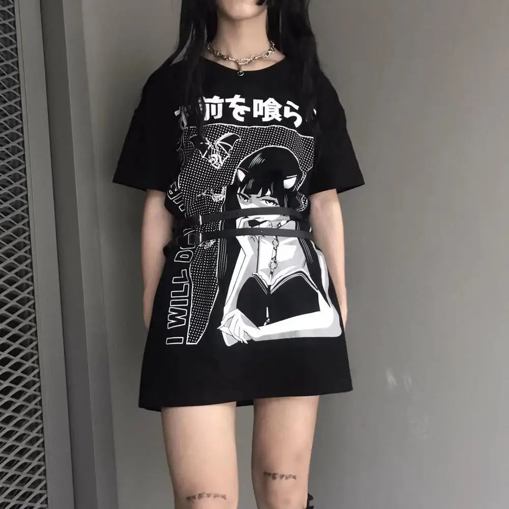 InsGoth Harajuku Palaidi Ilgi marškinėliai Moterims Gotikos Streetwear Negabaritinių Juoda T-shirts Grunge Spausdinti Mados Moterų Derliaus Viršūnės