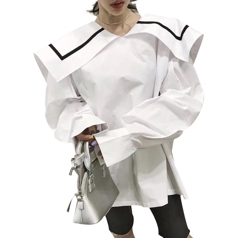 SHENGPALAE 2021 Atsitiktinis vientisos Baltos Moterų Marškinėliai Didelis Atvartas Dryžuotas Spausdinti Sluoksniuotos Rankovėmis Prarasti Slim Moterų Top Drabužių Mados ZA3257