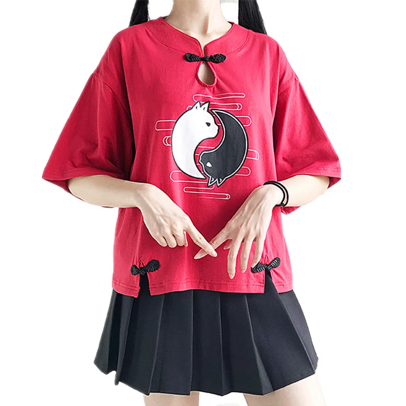 Kinų Stiliaus Yin Yang Bagua Fox Spausdinti Moterų Marškinėliai Harajuku Trumpomis Rankovėmis Marškinėlius Paauglys Merginos Tradicinių Streetwears