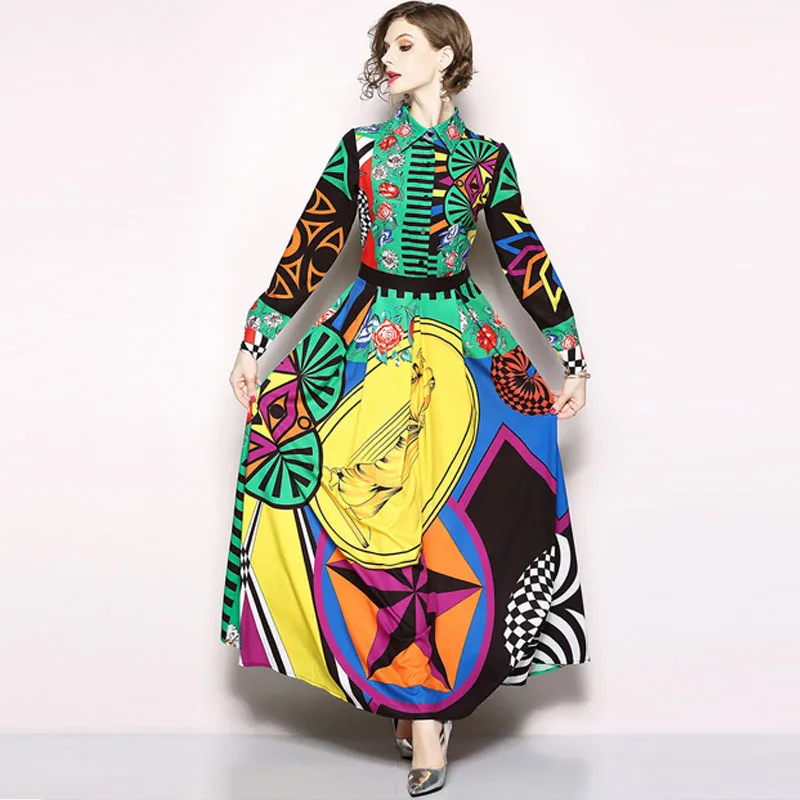 Naujas 2019 Dizaineris kilimo ir tūpimo Tako Suknelė ilgomis Rankovėmis Maxi Suknelė Moterų Pasukite Žemyn Apykaklės Nukentėjo Spalvos Rožių Gėlių Spausdinti Derliaus Ilga Suknelė