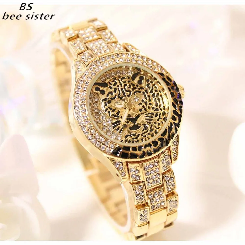 BS prekės ženklo Moterų Laikrodžiai Lady Diamond Akmens Suknelė Žiūrėti Plieno Leopard kalnų krištolas Apyrankė Laikrodis Moterų Tigras Kristalų Žiūrėti