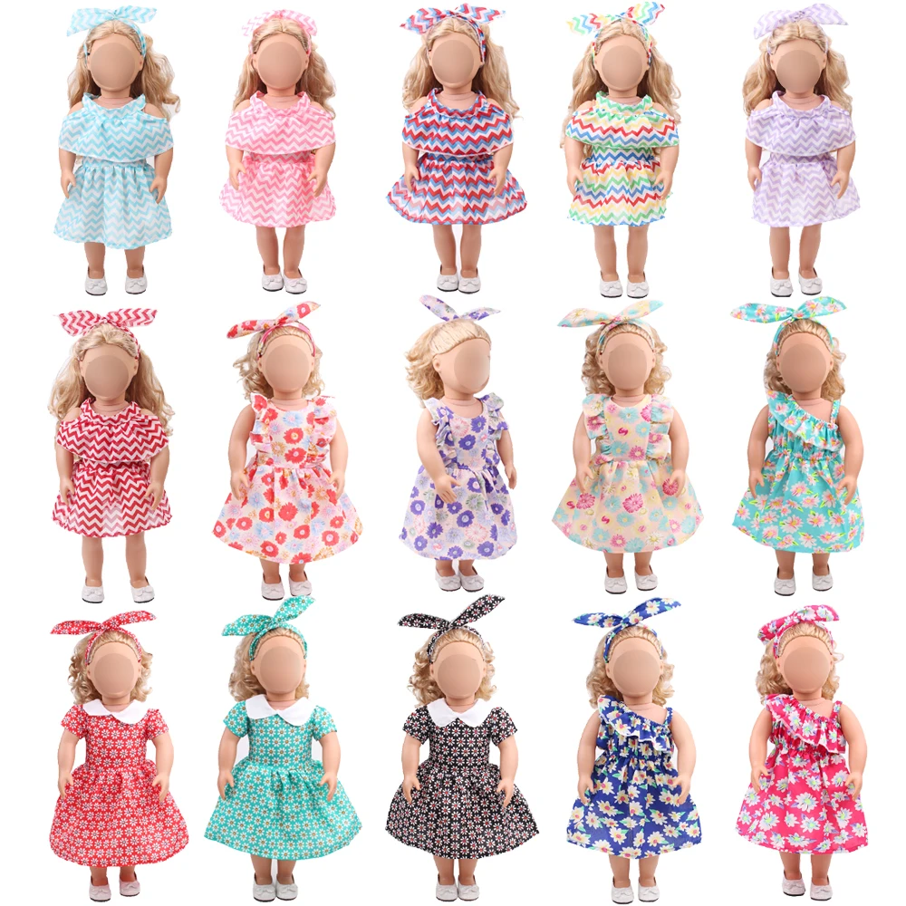 18 colių Mergaičių lėlės suknelė Vasaros spausdinti suknelė + lankelis Amerikos naujas gimęs drabužiai, žaislai tinkami 43 cm kūdikio c504