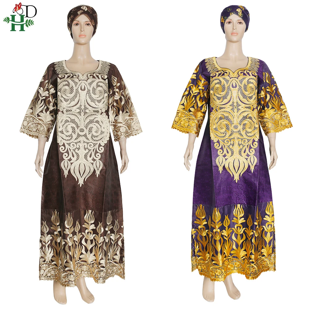 H&D Afrikos Heidi Bazin Riche Suknelės Moterims Siuvinėjimo Nėrinių Maxi Suknelė Plius Dydis Boubou Tradicinių Vestuvių Apdarą Nigerijos Turbaną