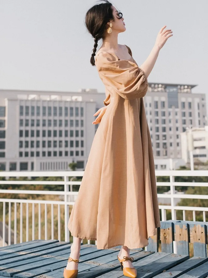 LLZACOSOH Dizaineris Moterys Šalis Suknelė Naują 2020 Mados Pavasario Seksualus stebėjimo Kratinys žibintų rankovės chaki Ilgos Suknelės