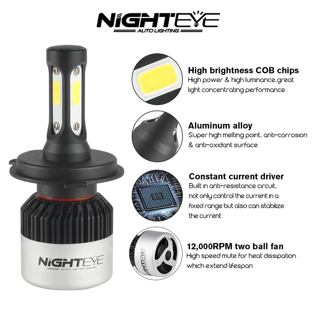 2VNT Nighteye LED H1 H4 H7, H11 9005 9006 72W Automobilių 9000LM 6500K COB LED Žibintų Lemputės Vairavimo Rūko Lemputės, Lempos IP68