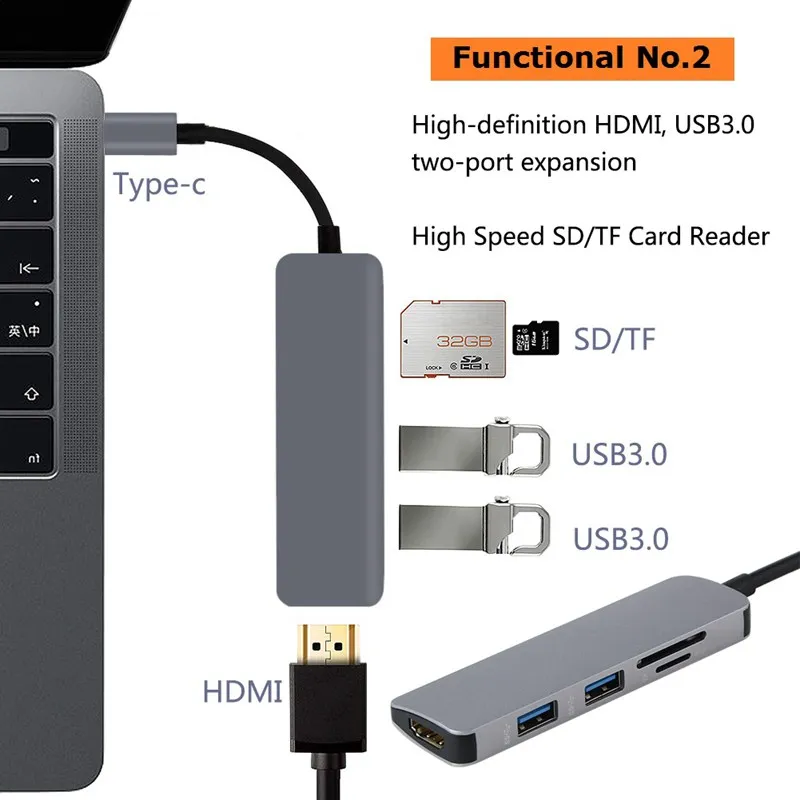 5 in1 USB C HUB USB-C-HDMI Micro SD/TF Kortelių Skaitytuvo Adapteris, skirtas 