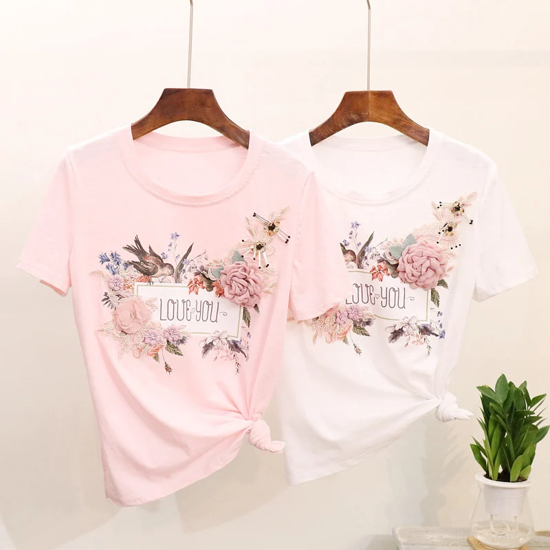 3D Granulių Siuvinėjimas Medvilnės Moterų Marškinėliai trumpomis Rankovėmis Apvalios Kaklo Aplikacijos Gėlių Moterų T Shirts 2020 Metų Vasaros Mados Lady Drabužiai