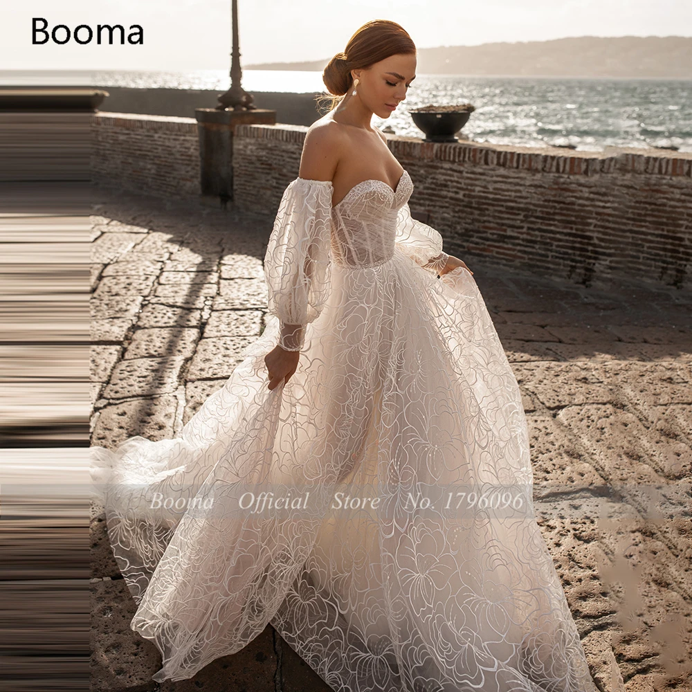 Booma Nėrinių Paplūdimio Vestuvių Suknelės, Brangioji,-Line Boho Nuotakos Suknelės Nuimamas Sluoksniuotos Rankovėmis Lankas Ilgai Vestuvių Suknelės