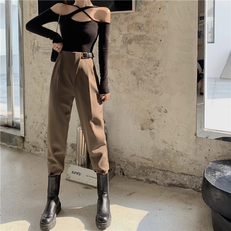 ZHISILAO Aukštos Juosmens, Tiesios Kelnės Moterų Plius Dydžio Prabangus Streetwear Elegantiška Vintage Black Haremas Krovinių Kelnės Varčias Rudenį 2020 m.