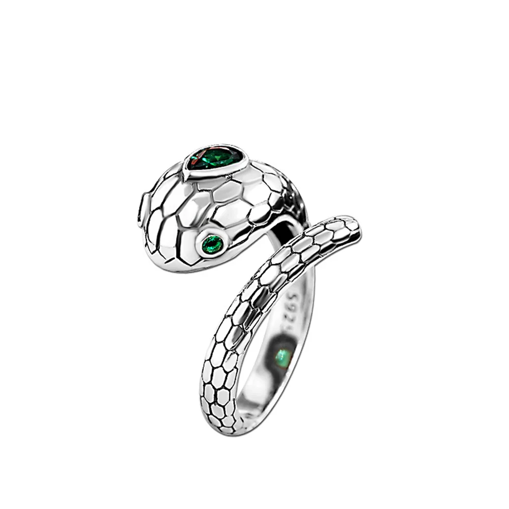 S925 Sterlingas Sidabro Žiedas Vyrams ir Moterims Green Crystal Gyvatės Formos Atidarymo Reguliuojamas Žiedo Mados Pora Žiedai, Papuošalai