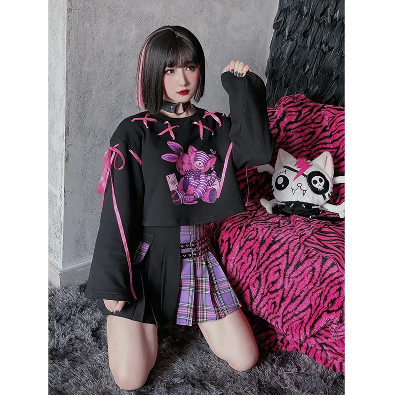 Japonijos harajuku originalas black purple patch klostuotas sijonas saldus mielas punk lether diržo karštų merginų mini pledas sijonas pyragas