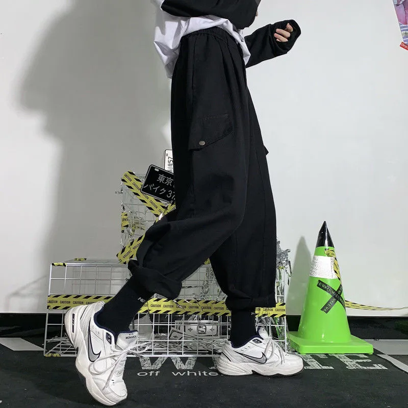 Harajuku Streetwear Tiesiai Krovinių Kelnės Moterims Kišenės, Elastinga Aukštos Juosmens Kelnės Mygtuką Atsitiktinis Baggy Poilsiu Moterų Sweatpants Naujas