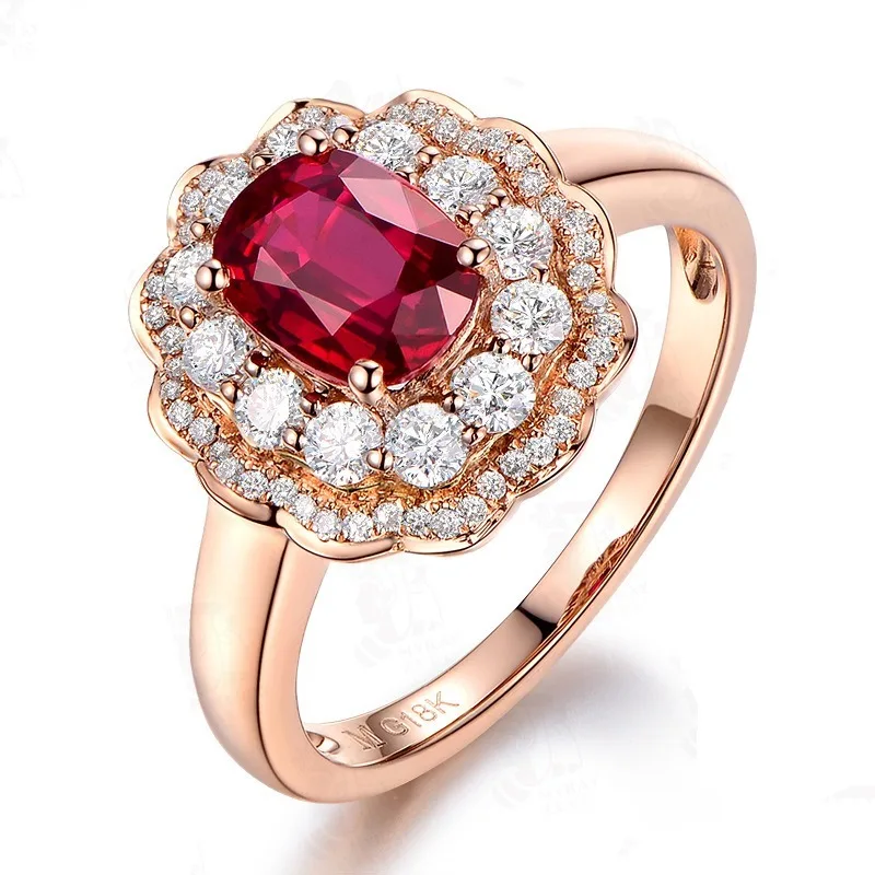 18K Rose Gold Raudona Rubino Žiedas Moterims 925 Sterlingas Sidabro Spalvų Gėlių Žiedai Cirkonis Diamond Engagement Brangakmenio Fine Jewelry