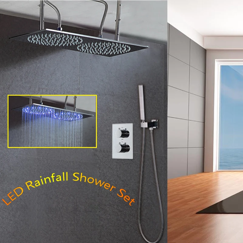Europos LED Vonios kambarys Dušo Komplektas Termostatiniai Dušo Maišytuvas Maišytuvo Potinkinė Dėžutė 2Ways Didelė Dušo Galva Kritulių rankinį Purškimo