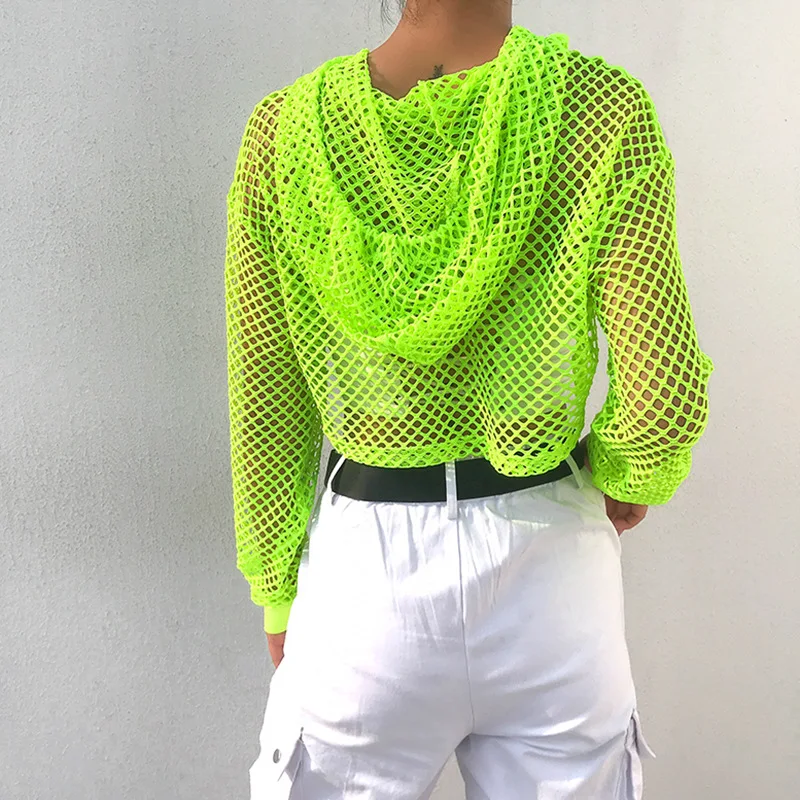 Streetwear Neoninė Žalia Akių žvejybos tinklas Top Moterų Marškinėlius Perspektyvos Smock ilgomis Rankovėmis moteriški marškinėliai Seksuali Apkarpytos Marškinėliai