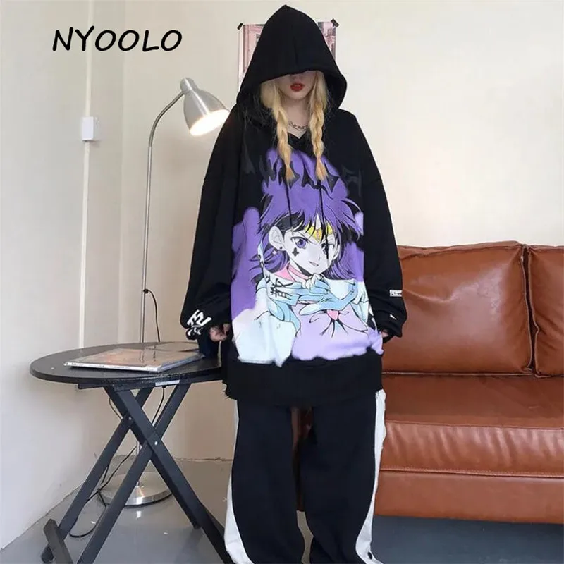 NYOOLO Aukštos kokybės Harajuku Anime ilgomis rankovėmis negabaritinių hoodies Rudenį streetwear prarasti hip-hop puloveriai) su gobtuvu palaidinukė