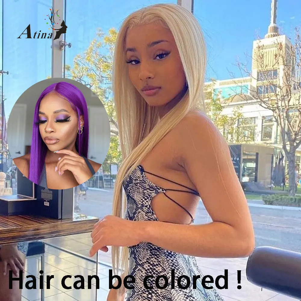 Tiesiai 613 Blond Spalvos Žmogaus Plaukų Perukai Balinimo Mazgų Prieš Nupeštos Remy Skaidrus Glueless Nėriniai Priekiniai Perukas Juoda Moterų