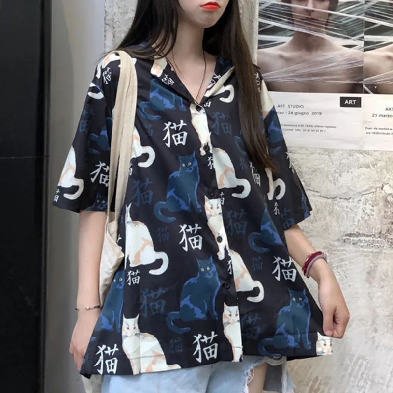 2020 Metų Vasaros Mielas Palaidinės Moterims Japonijos Atsitiktinis Ruožtu Pritvirtinti Kawaii Katė Atspausdinta Merginos Viršūnes Derliaus Mygtuką Iki Trumpas Rankovės Marškinėliai