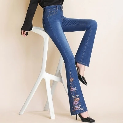 Pavasarį ir rudenį naujų moterų ruožas džinsai aukšto juosmens mados nacionalinės vėjo siuvinėjimo micro-ragų džinsai TB180816