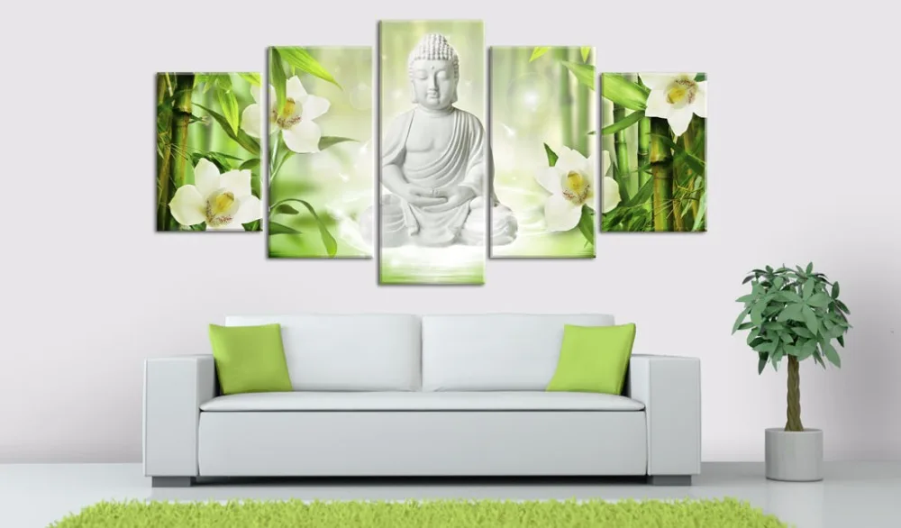5 Skydelis Buda Sienos Meno Aliejaus Tapybai Spa Akmens Bambuko Orchidėjų Namų Apdailos Drobė Spausdina Nuotraukas, Kambarį( be Rėmelio )