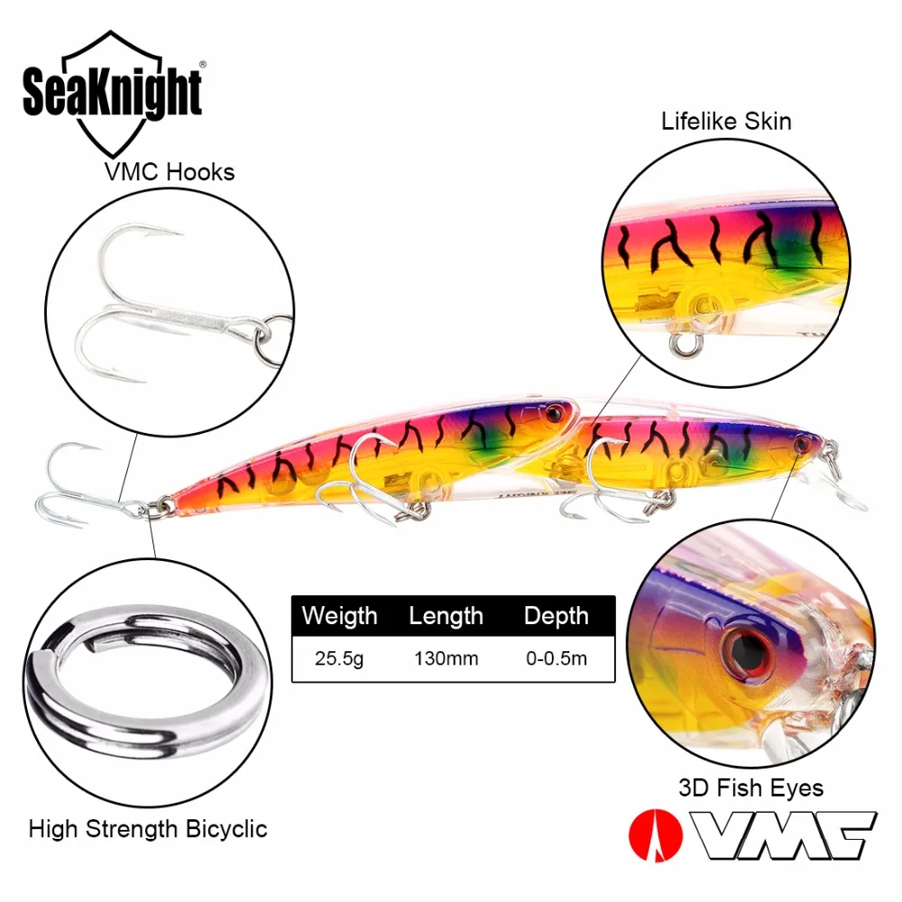 SeaKnight Prekės SK046 Serijos Žvejybos Masalas Minnow 1Pcs/Daug 130mm/5.12 į 25.5 g 3D Žuvies Akis VMC Kabliukai, Žvejybos Masalas