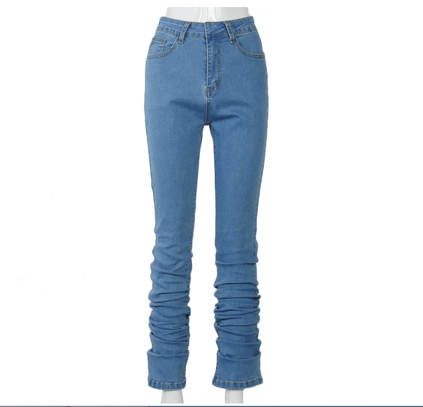 Hirigin Ruched Denim Blue Aukštos Palaukti Sukrauti Kelnes Rudenį 2020 Moterų Drabužių Streetwear Džinsai Mados Liesas Kelnės Kišenės