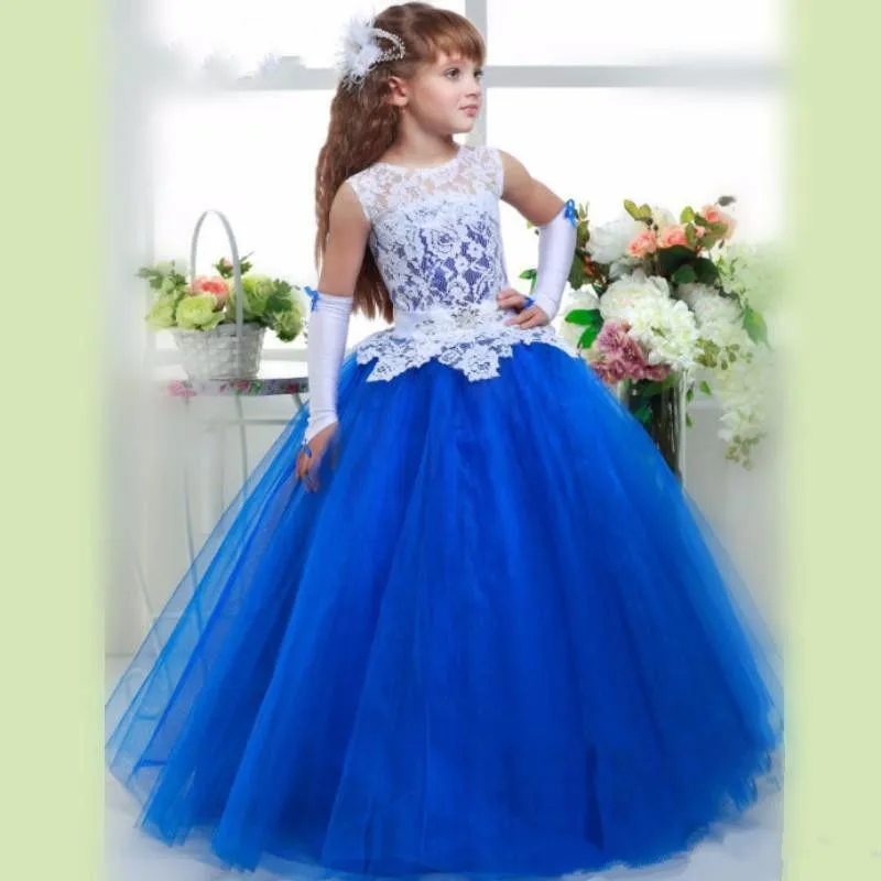 Naujas Royal Mėlyna Balta Nėrinių Gėlių mergaičių Suknelės-line Liemenė Vien Merginos Gimtadienio Konkurso Suknelė Pirmosios Komunijos Suknelės Dydis 2-16