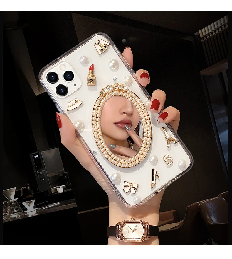 Mados Mielas Pearl Veidrodis Aukšto Kulno Lūpų Bling Diamond Case Cover For Samsung Galaxy Note 20 10 9 8 S20 Ultra S10E/9/8 Plius