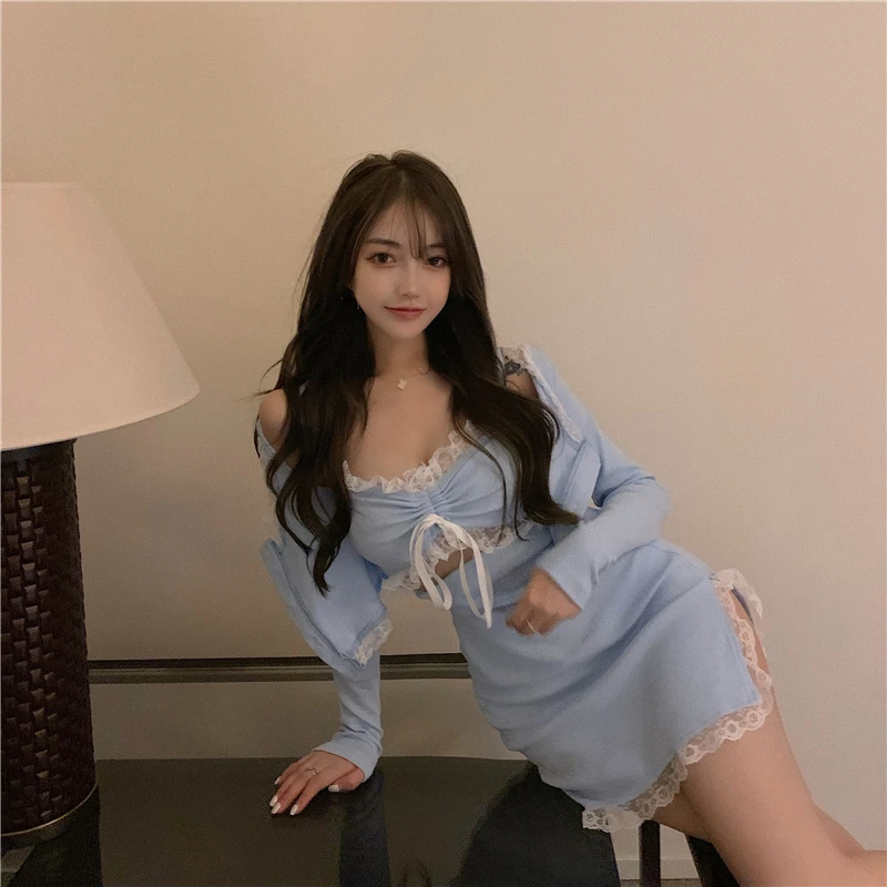 Korėjos Mados Sexy Apranga V-Kaklo Lankas Slim Mini Aukšto Juosmens Diržas Suknelės Visiškai Nėrinių Rankovės Marškinėliai Cosplay Atsitiktinis Dviejų dalių Kostiumas