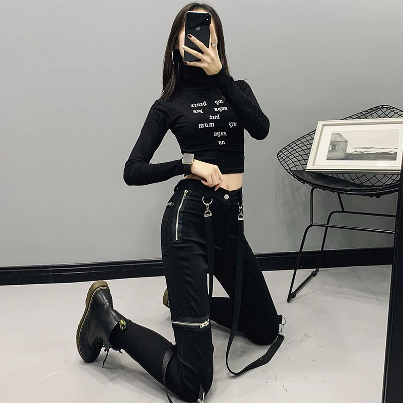 Kpop Seo Taip Ji IU Lee Ji Eun juoda sweatpants streetwear užtrauktukas vimpelais hip-hop slim kelnės moterims seksualus kojų atsitiktinis kelnės