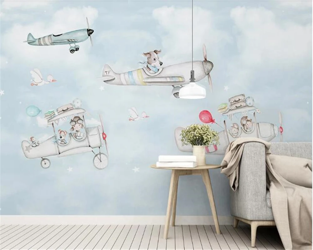 Beibehang tapetai Šiaurės minimalistinis ranka pieštas animacinių filmų gyvūnų lėktuvas 3D tapetai apdailos vaikų kambario fone