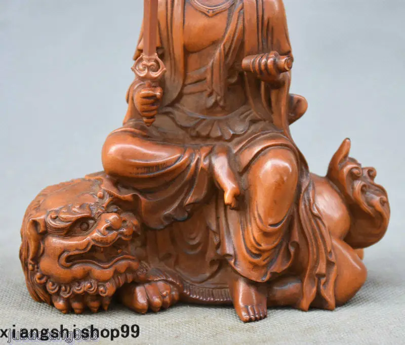 Amatų statula Kinijos Boxwood Medžio, Rankų Drožybos Wenshu Manjushri Bodhisatvos Liūto Statula