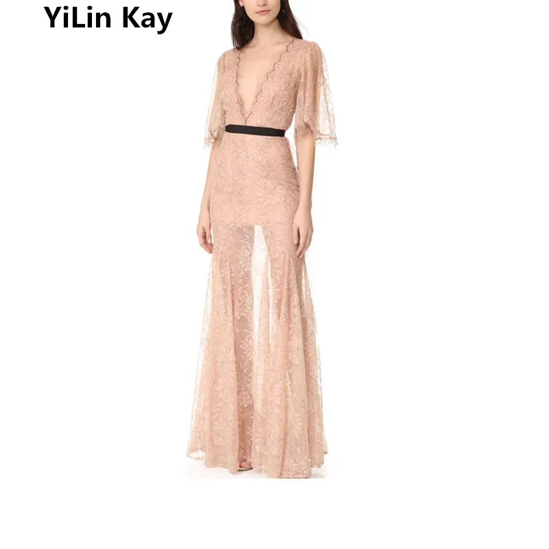 YiLin Kay Aukštos klasės užsakymą autoportretas 2019 m. vasaros mados stilius, prabanga ir tūpimo tako Nėrinių suknelė moterims seksualus v-kaklo šalies ilgos suknelės