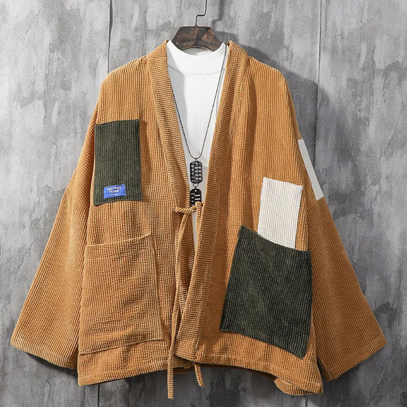 Japonija Stiliaus Vyrų Velvetas Kimono Švarkas, Spalva-blokuoti Lopas Dizaino Lašas Pečių Haori Negabaritinių Prarasti Plonas Kailis
