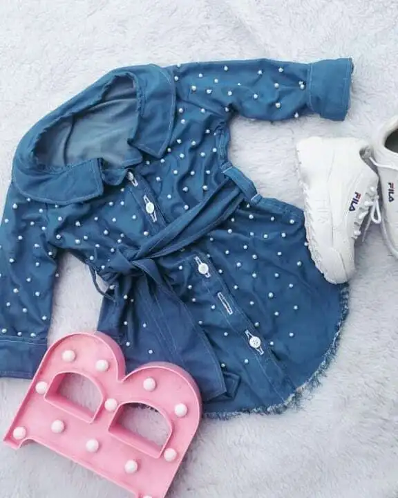 Nauja Vaikai Blue Pearl Bowknot Denim Džinsai Baby Girl Long Sleeve T-Shirt Girls Dress Vaikas Kailis Bamblys Drabužiai