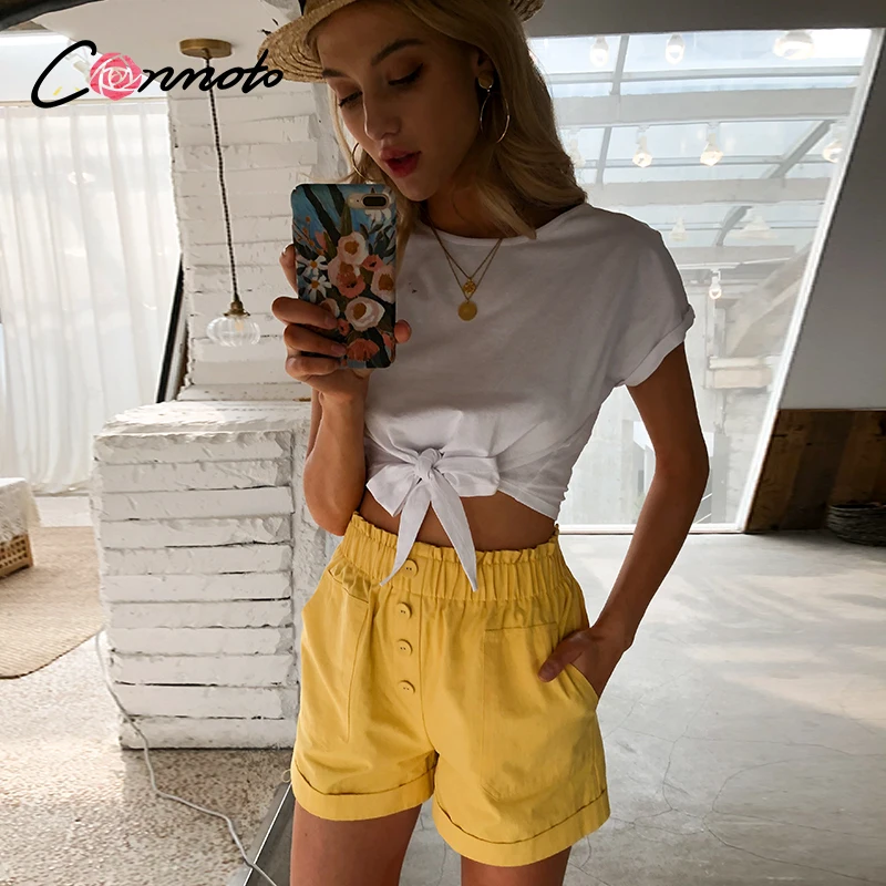 Conmoto elastinga aukštos juosmens šortai moterims atsitiktinis vasaros atostogų mygtuką šortai geltona užspaudimo streetwear kišenės šortai